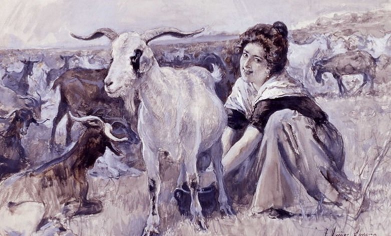 Cabra - Origen de la cabra y Domesticación - Mujer ordeñando a una cabra