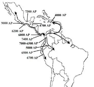Cultivo de maíz - Dibujo de mapa del continente americano con flechas de distribución del maíz