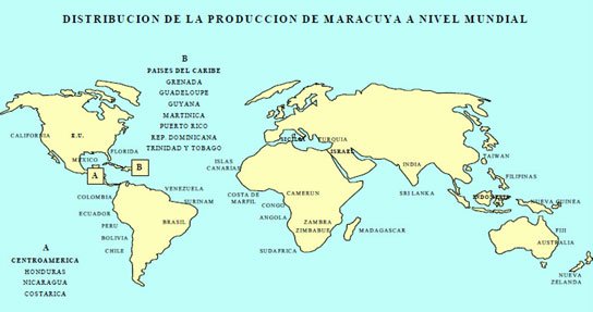 Mapa mundial y la distribución de la producción de maracuyá