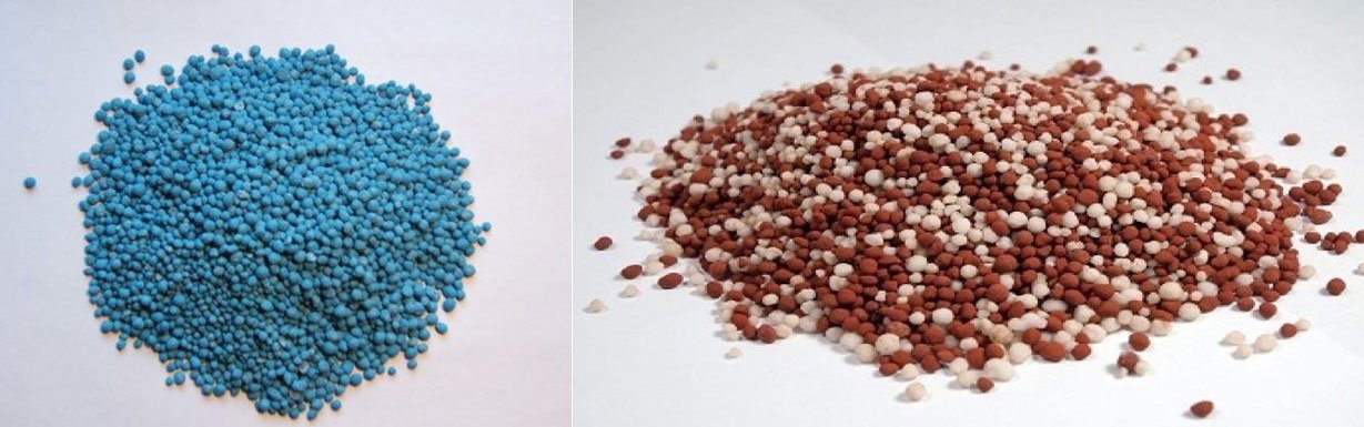 Dos tipos de fertilizantes compuestos, derecha color azul, izquierda color marrón y blanco