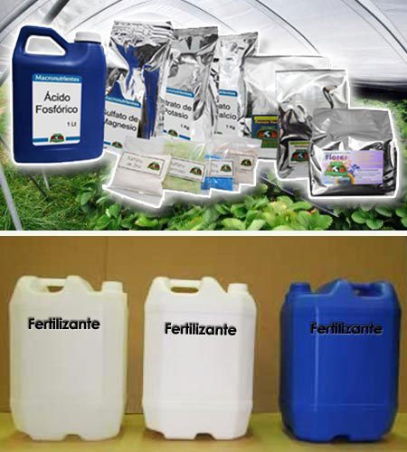 Envases plásticos con fertilizantes y bolsas del mismo contenido que se usan en sistemas hidropónicos