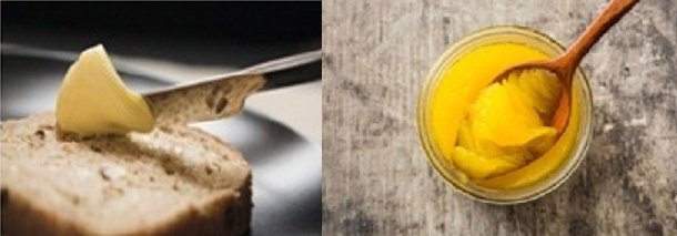 Foto izquierda rodaja de pan con una lamina de mantequilla, foto derecha mantequilla en envase de cristal
