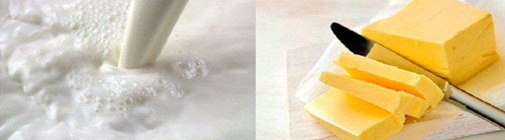 foto izquierda leche, foto derecha una barra de mantequilla cortada por cuchillo