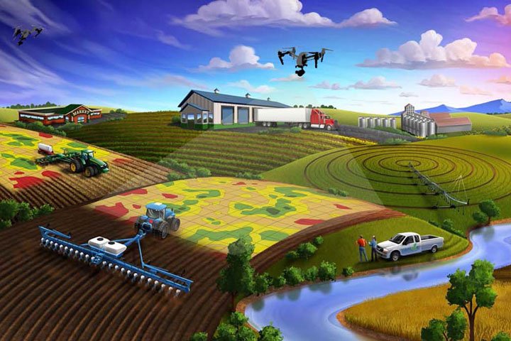 dibujo de drones mapeando los suelos donde hay siembras, silos y procesadoras