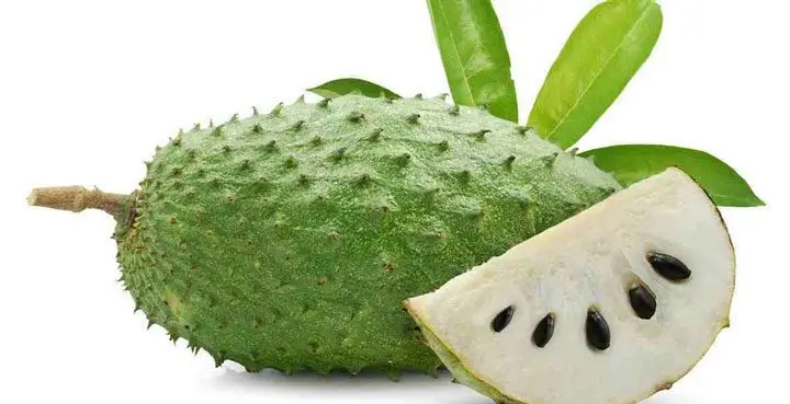 Una guanabana entera y una rodaja de guanabana