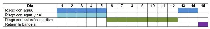 tabla de riego del forraje verde hidropónico
