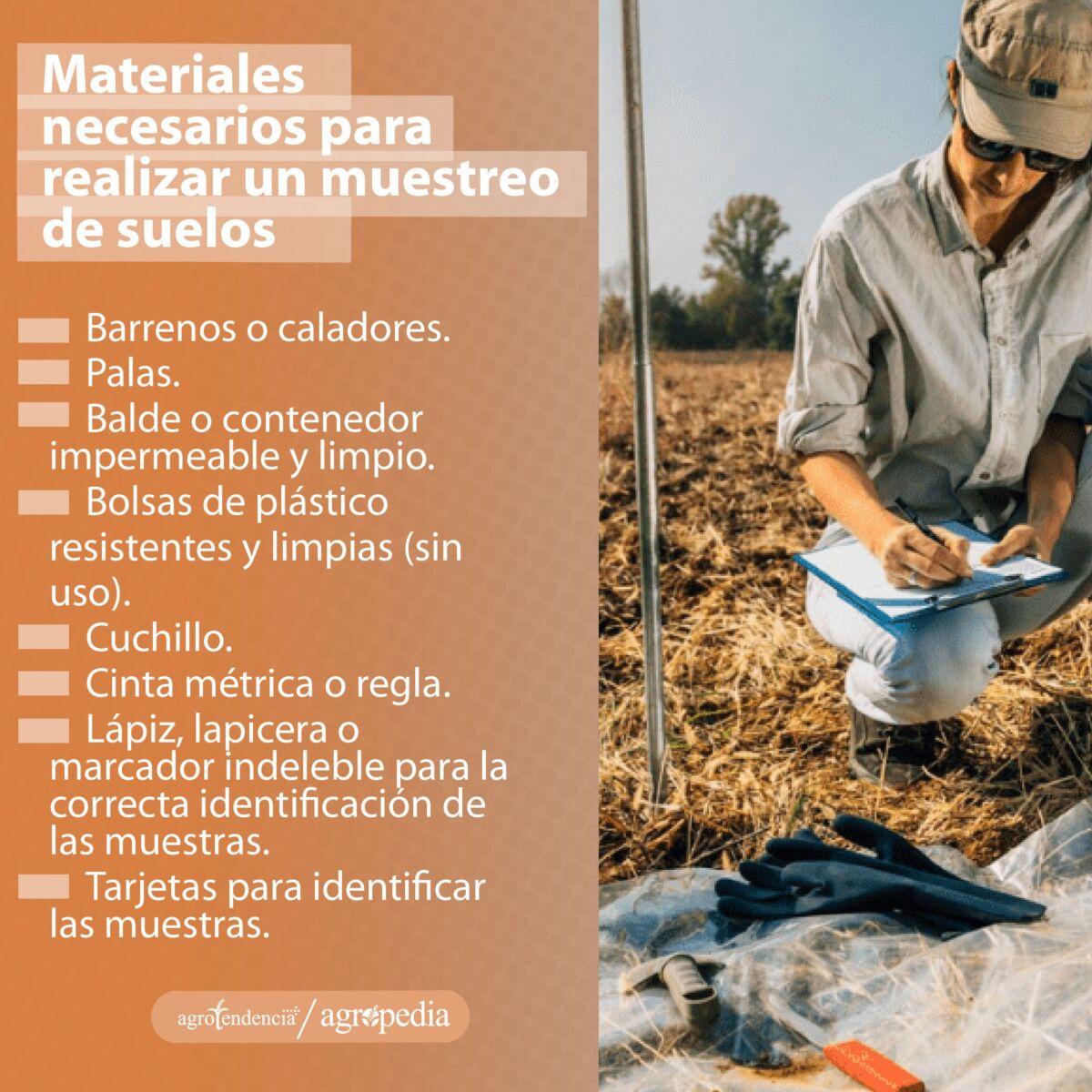 Persona tomando nota con los insumos necesarios para realizar un muestreo de suelo