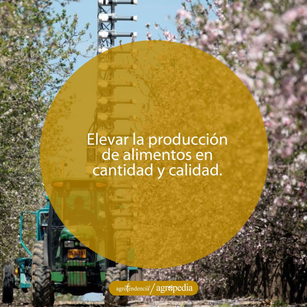 Maquina polinizadora acoplada en un tractor polinizando cultivo de durazno
